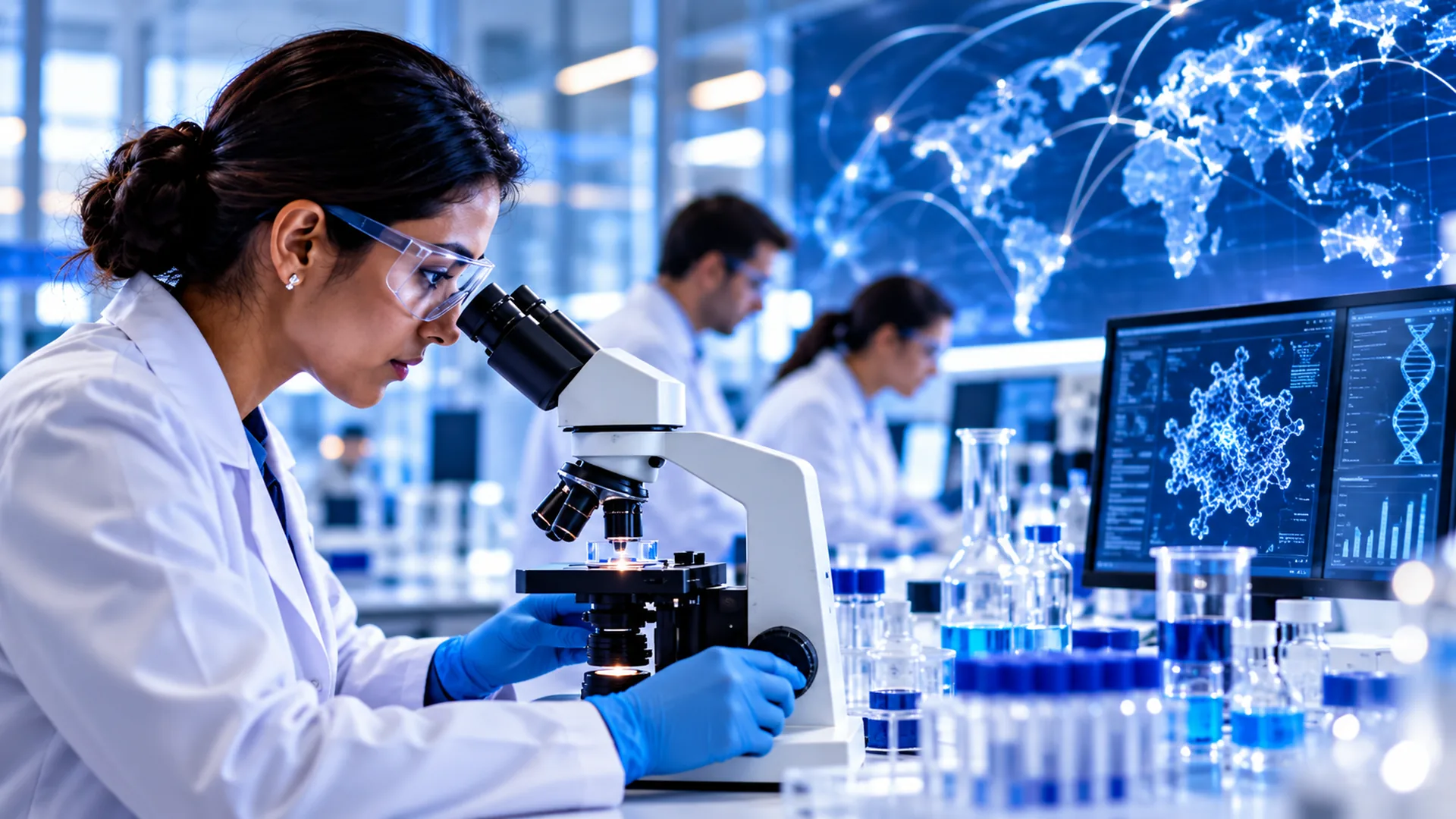 Pharmaceutical scientist using a microscope in a modern research laboratory.